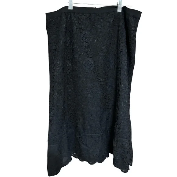 Old Navy Black Lace Midi Skirt Women Sz 16 Flounce Hem Zipper Closure Whimsigoh - Picture 1 of 8